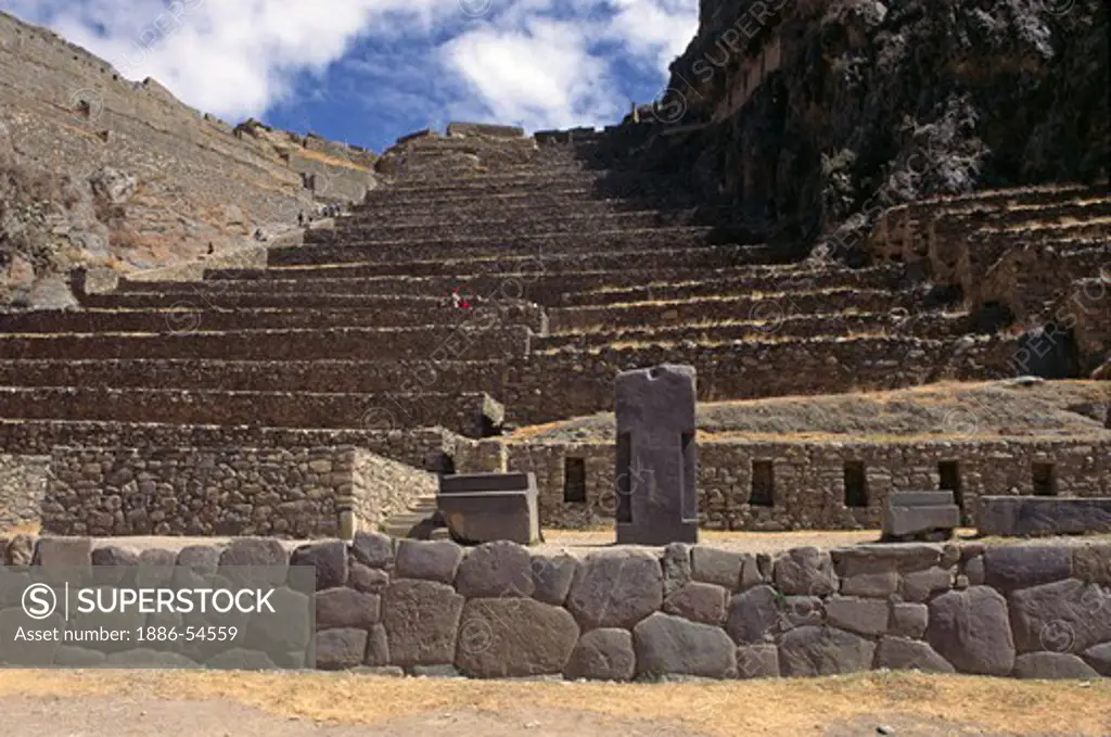 Stone MONOLITHS in the COURTYARD OF MANARACAY, built by the INCA at OLLANTAYTAMBO - PERUVIAN ANDES