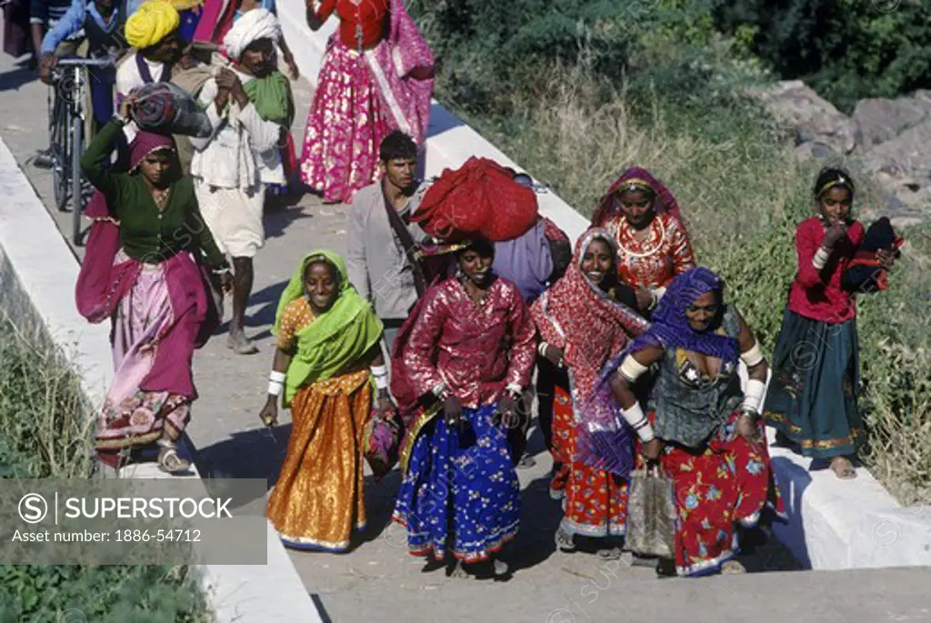 BANJARI PILGRIM WOMEN with their traditional HEAD SHAWLS leave the PUSHKAR CAMEL FAIR - RAJASTHAN, INDIA