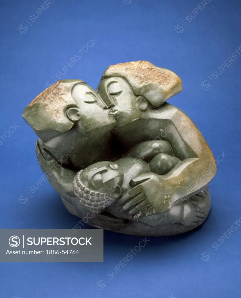 SCULPTURE titled LIFE ENJOYMENT of a kissing couple by GEDION NYANHONGO of the Shona people of Zimbabwe