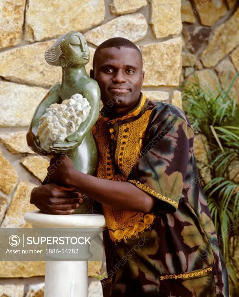 SCULPTURE titled PROUD OF MY RESPONSIBILITIES (Green Stone) by GEDION NYANHONGO - Shona people of Zimbabwe
