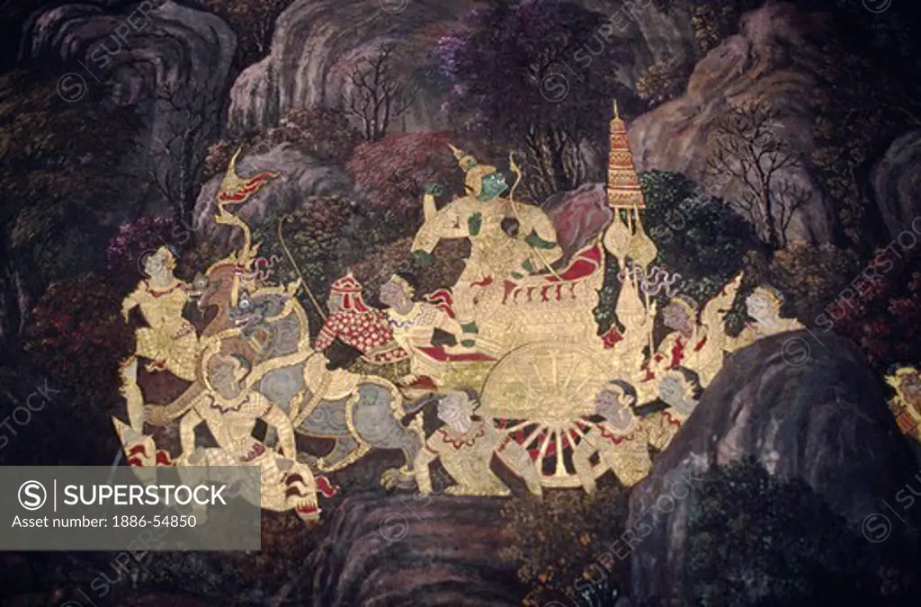 Murals depicting the RAMAKIEN (Thai Ramayana) decorate the Cloister walls which surround WAT PHRA KEO at BANGKOK'S GRAND PALACE - BANGKOK, THAILAND