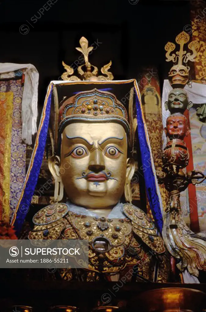 Giant PADMASAMBHAVA STATUE in the JOKHANG, TIBET'S holiest temple, built by KING SONGTSEN GAMPO in the 7th Cent.