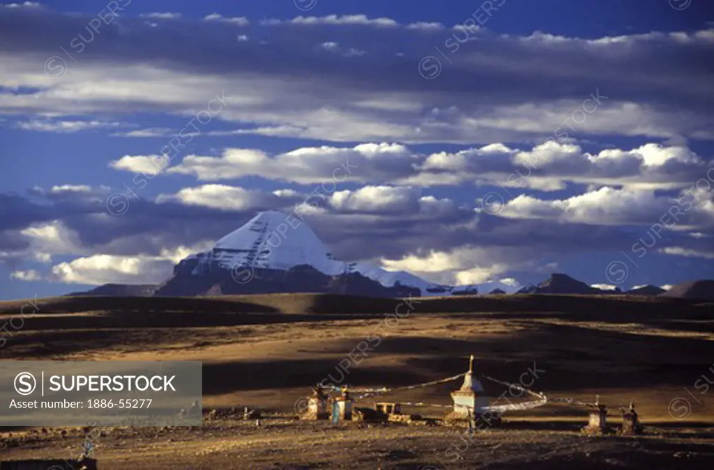 CHIU MONASTERY, its 3 CHORTENS and MOUNT KAILASH (6638M) are visited by devout BUDDHIST PILGRIMS - TIBET