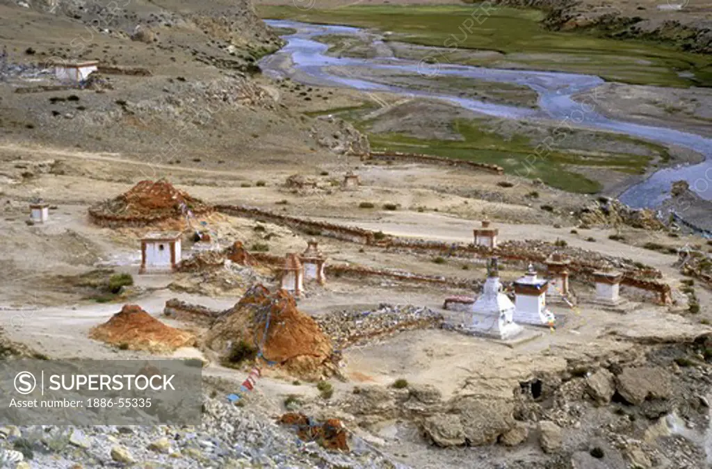 CHORTENS & the SATLEJ RIVER at TIRTHAPURI, a sacred hot spring & monastery west of MT KAILASH - TIBET