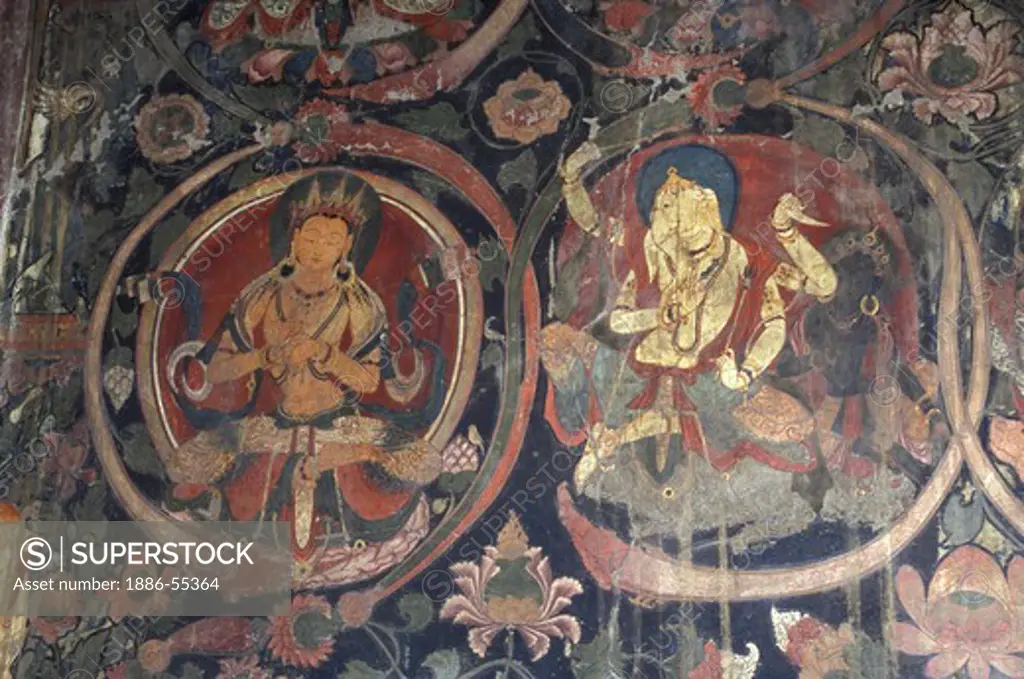 15th Century GUGE STYLE GANESH & BUDDHA paintings in DUKHANG ASSEMBLY HALL at THOLING MONASTERY - TIBET