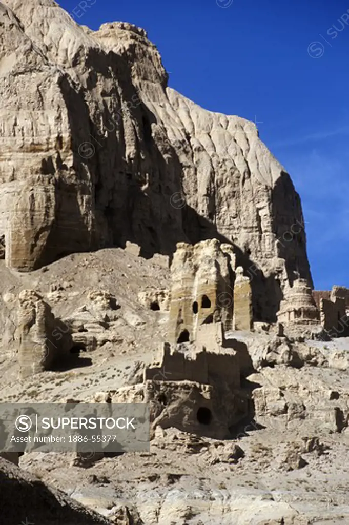CAVE DWELLINGS, a CHORTEN and RUINS dating to the 10th Century in the GUGE KINGDOM - west of KAILASH, TIBET
