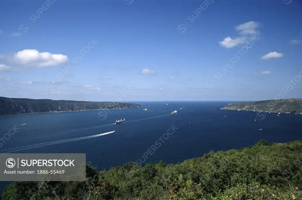 Boat traffic moves on the BOSPHOROUS (the International seaway which connects the Mediterranean & the Black Sea) - Turkey