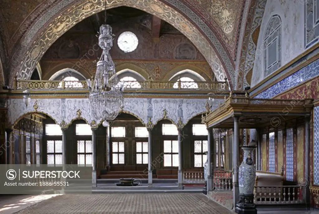 The Sultans Dais in the recieving hall inside The Harem which housed 1200 harem women in 1575 - Topkapi Palace, Istanbul