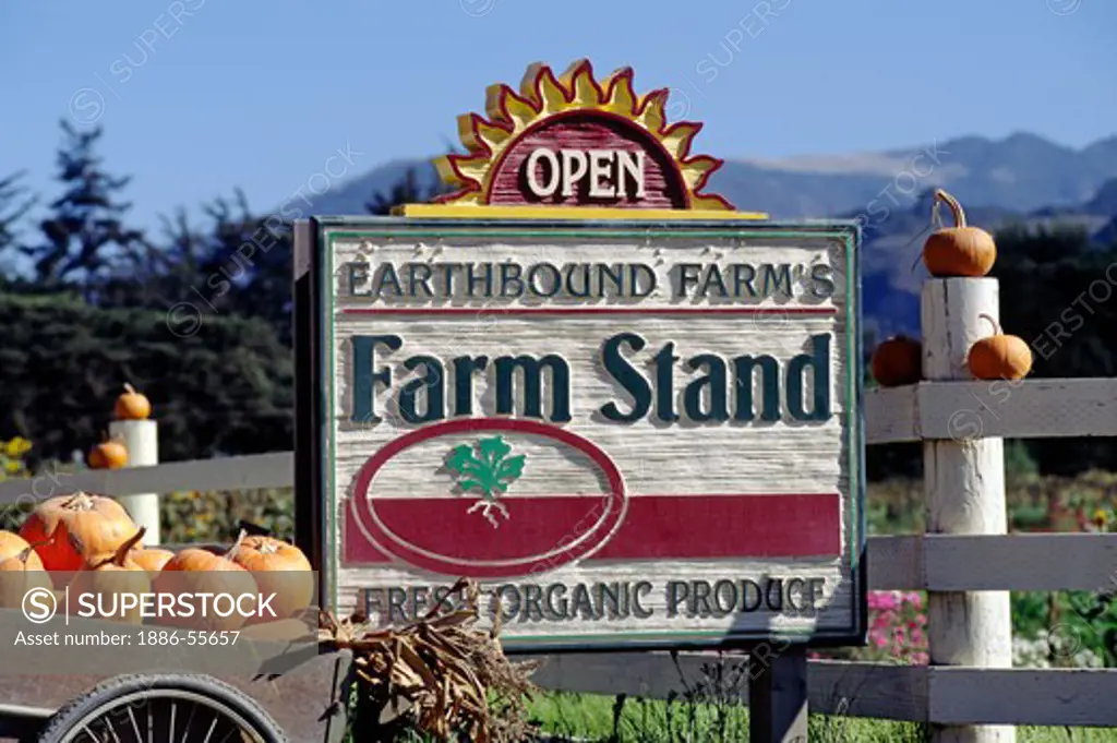 Sign at EARTHBOUND FARM'S FARM STAND with WAGON load of PUMPKINS - CARMEL VALLEY, CALIFORNIA