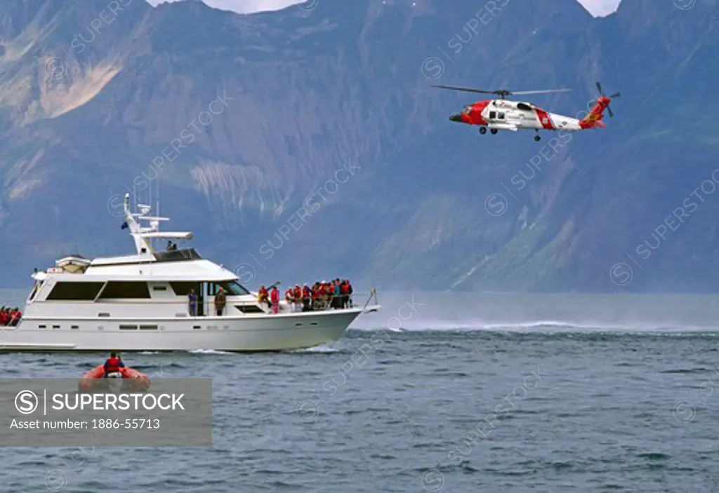 RESCUED PASSENGERS from the YORKTOWN CLIPPER aboard a private vessel with COAST GAURD HELICOPTER assisting - GLACIER BAY, ALASKA