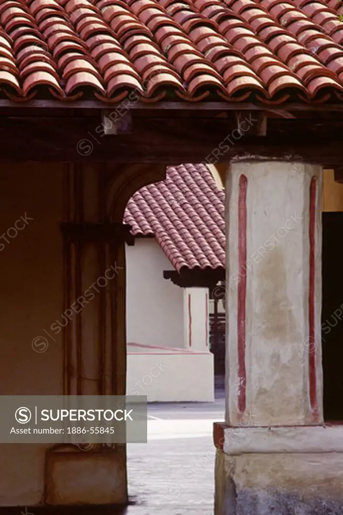 Spanish style architectural detail of the CARMEL MISSION which was founded by FATHER JUNIPERO SERRA - CARMEL, CALIFORNIA