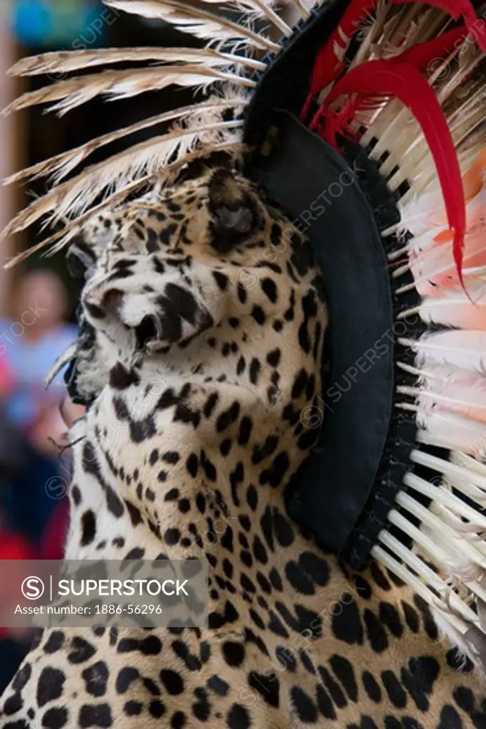 An AZTEC DANCER dressed in a JAGUAR SKIN COSTUME during the CERVANTINO FESTIVAL  - GUANAJUATO, MEXICO