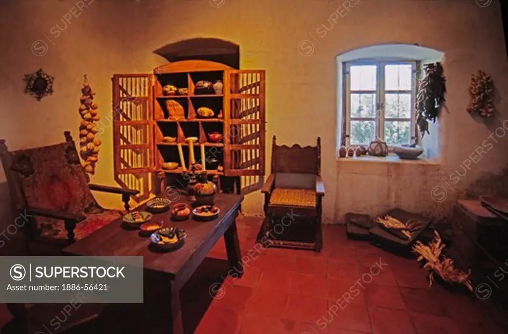 Historic DINING ROOM at MISSION SAN ANTONIO DE PADUA, built by FATHER JUNIPERO SERRA in 1771 - CALIFORNIA