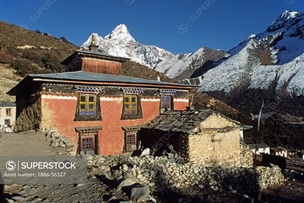 PANGBOCHE MONASTERY with AMA DABLAM PEAK as a beautiful backdrop - Everest Region of the KHUMBU, NEPAL