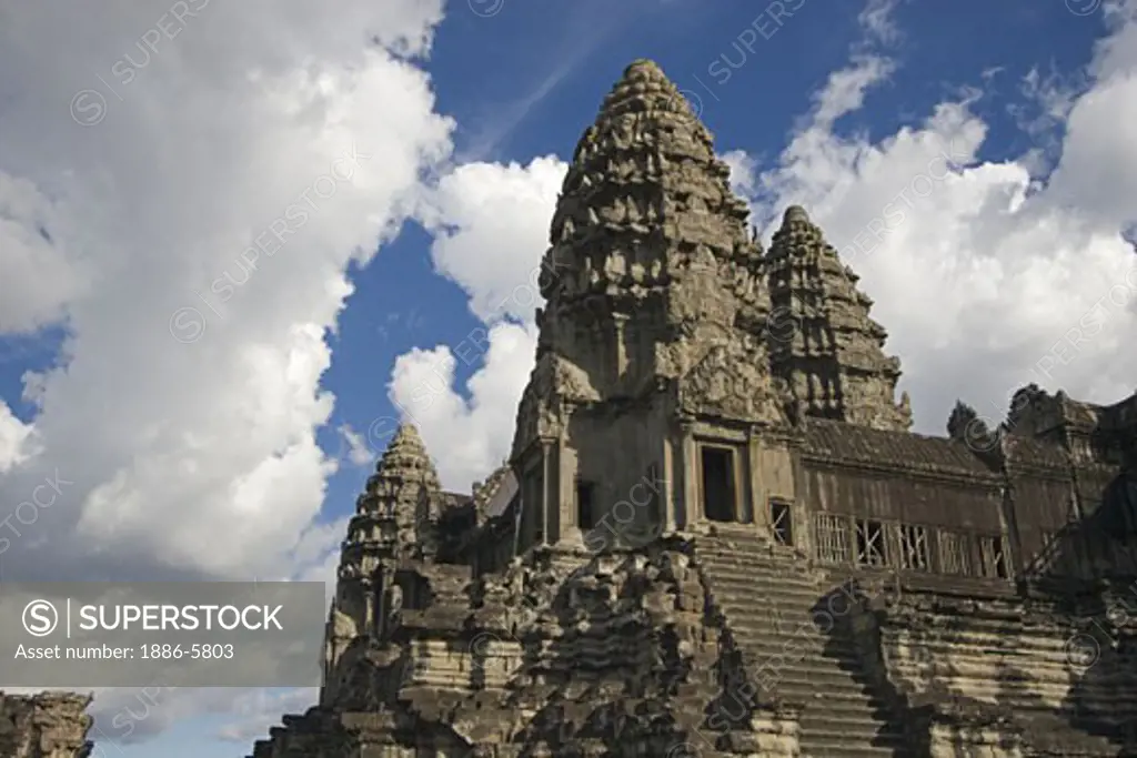 Stone temples representing the five peaks of Mount Meru at Angkor Wat, built in the 11th century by Suryavarman the 2nd,  -  Cambodia   