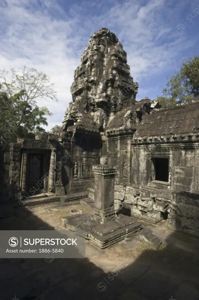 Stone carved Buddhist temple at Banteay Kdei, built by Jayavarman VII in the Bayon style, part of Angkor Wat - Siem Reap, Cambodia    