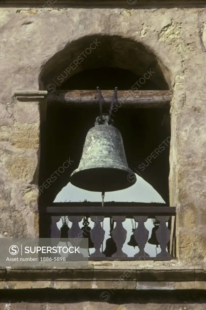 The church bell of the Carmel Mission in Carmel, California. Carmel Mission, Carmel, California, USA