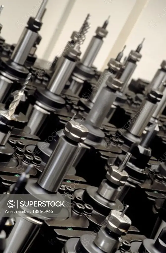Wall of DRILL BITS for AUTOMATED (ROBOTIC) machine shop manufacturing aluminum parts - SILICON VALLEY, CA 
