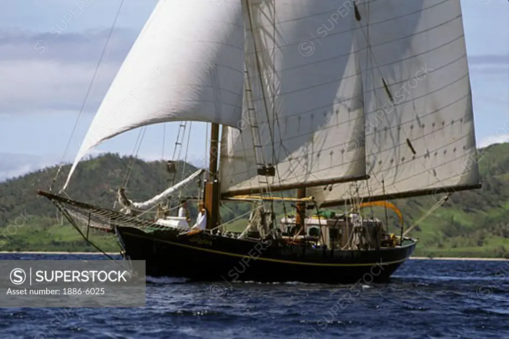The French double masted schooner LA VIOLANTE, built in the 1920's, sails the waters of the YASAWA ISLANDS - FIJI