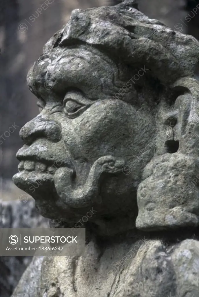 SCULPTURE of IK, MAYAN RAIN GOD, on the TEMPLE OF INSCRIPTIONS, built by YAX PAC in 763 AD - COPAN RUINS, HONDURAS