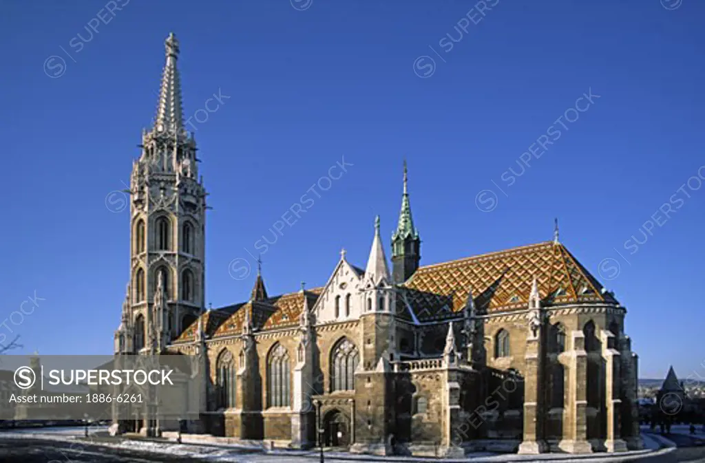 Situated atop CASTLE HILL is MATTHIAS CHURCH rebuilt in 1896 with its colourful tiled roof - BUDAPEST, HUNGARY
