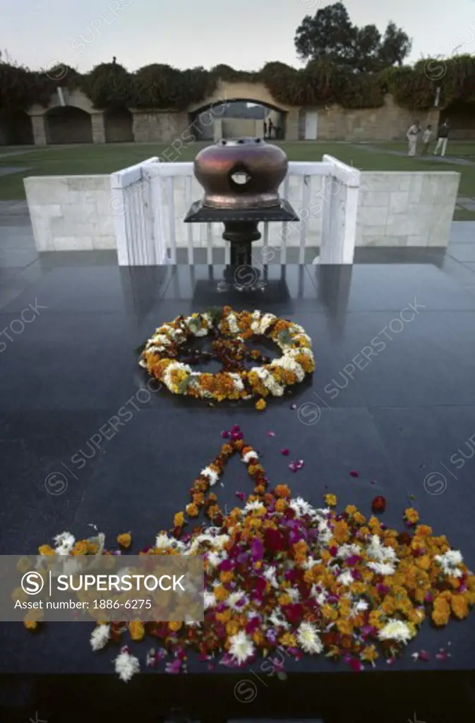 FLOWERS at RAJ GHAT, the cremation site of Mahatma GANDHI, J. Nehru, and Indira Gandhi - DELHI, INDIA 