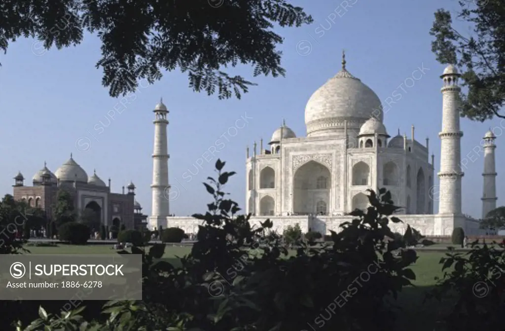 The TAJ MAHAL, built by emperor Shahjahan for his wife in 1653, with GARDENS around it - AGRA, INDIA 