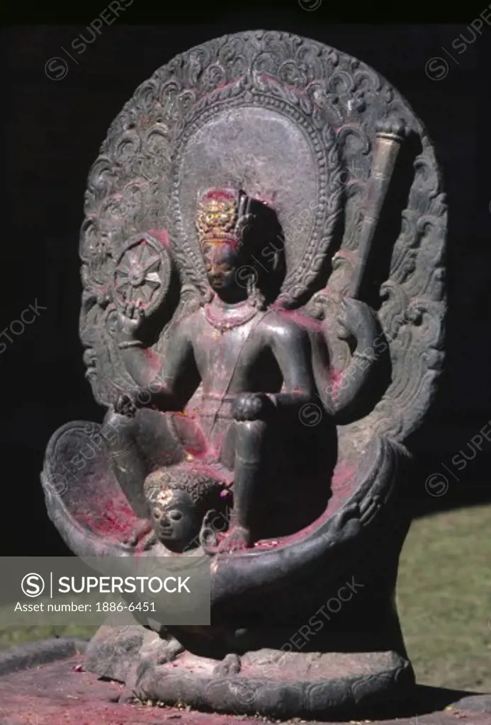 8th Century Licchavi statue of Vishnu Narayan astride Garuda, Changu Narayan Temple - Kathamndu Valley, Nepal