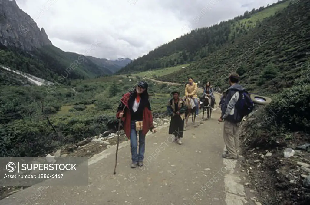 Tourists on horses in the Nyinteng Nature Reserve (Rigsum Gonpo or Dabpa Lhari), Kham - Sichuan Province, China, (Tibet)