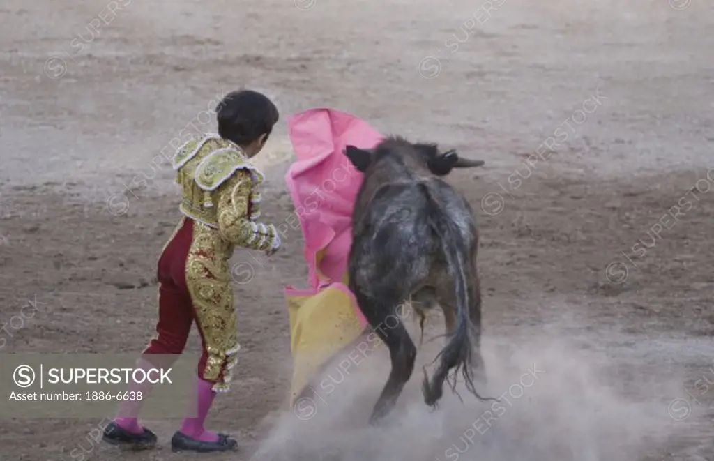 The 9 year old child matador RAFITA MIRABAL fights a bull in the Plaza de Toros - SAN MIGUEL DE ALLENDE, MEXICO   