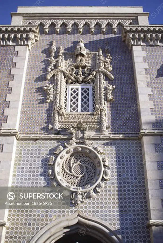 Elaborately carved stone window at PENA PALACE (CASTLE) above SINTRA, a fine example of PORTUGESE ROMANTIC ARCHITECTURE  
