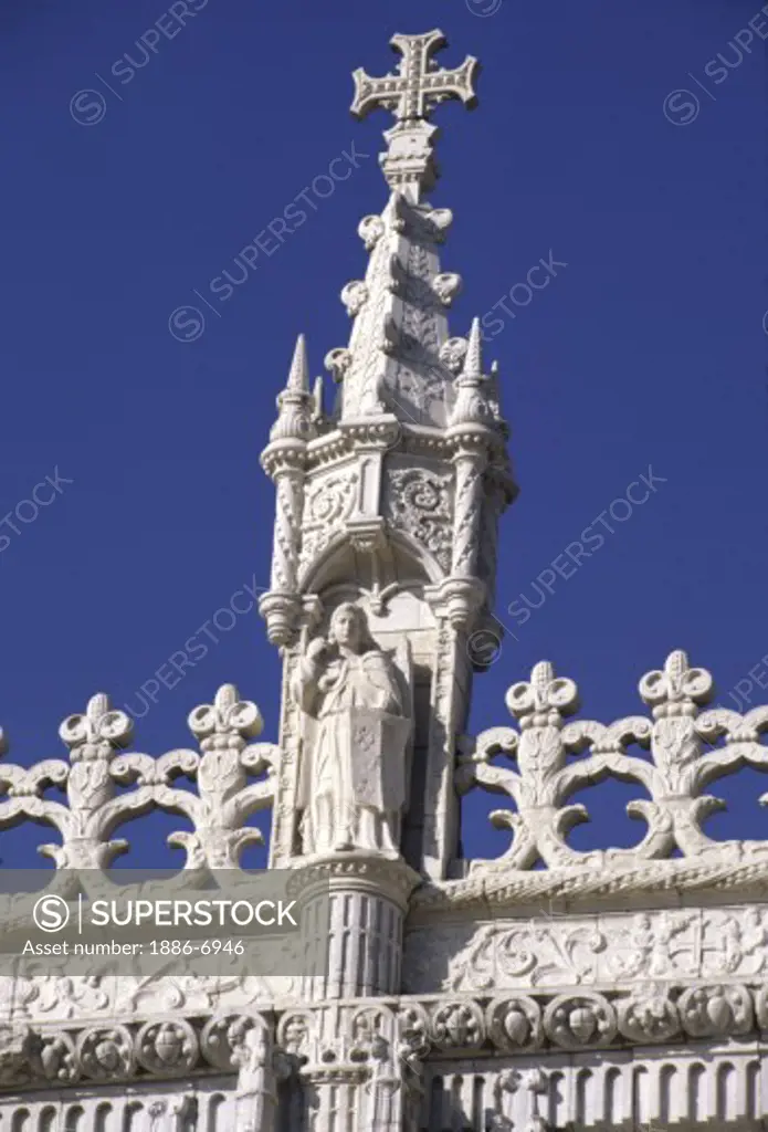 STATUE above the CATHEDRAL doorway of the MONASTERY OF JERONIMOS in the BELEM DISTRICT - LISBON, PORTUGAL 