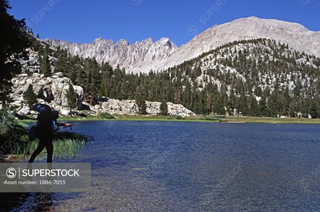 Fishing at a HIGH SIERRA LAKE in SEQUOIA NATIONAL PARK'S backcountry on route to Mt. Whitney