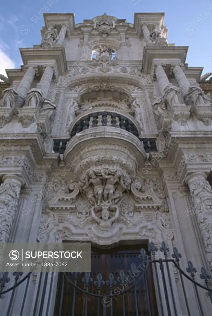The ornate stone carved three storey entryway to the PALACE OF SAN TELMO - SEVILLA, SPAIN