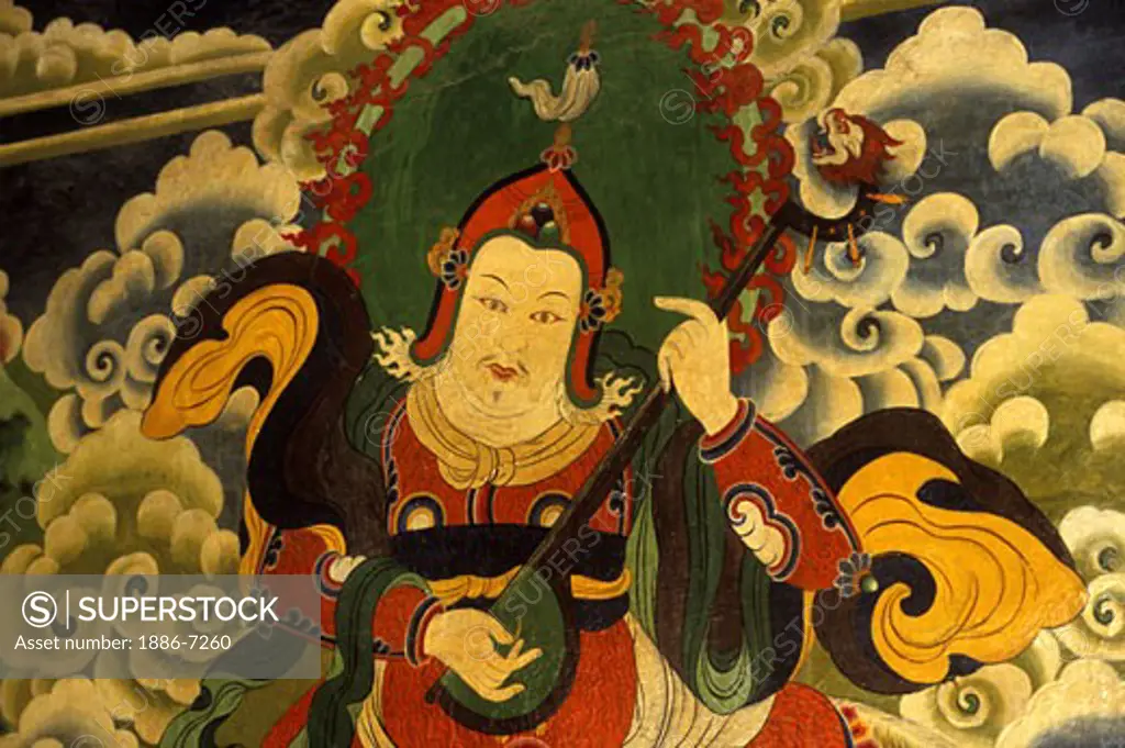 A painting of LING KESAR one of the GAURDIANS OF THE FOUR DIRECTIONS at the MILAREPA CAVE near NYALAM, TIBET