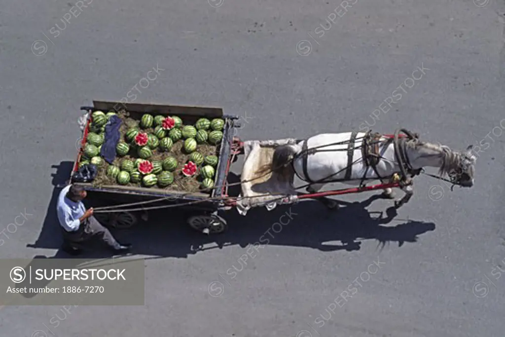 Man with horse & cart loaded with watermelons - Istanbul