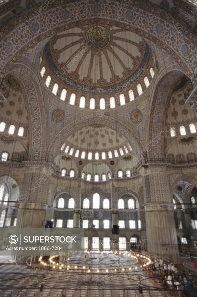 Interior of The Blue Mosque (Sultanahmet Camii) which was completed in 1616 & has 6 Minarets and 260 windows - Istanbul, Turkey