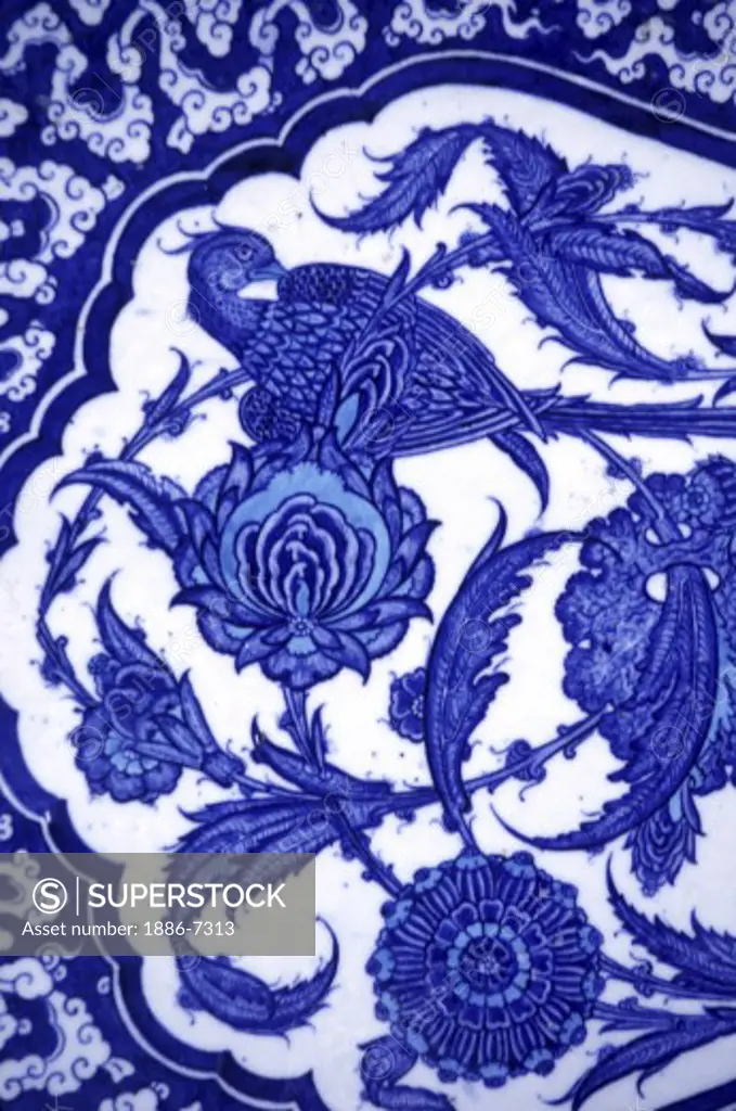 Classical blue tile of the mythical Phoenix bird and flower motif - Topkapi Palace, Istanbul, Turkey 