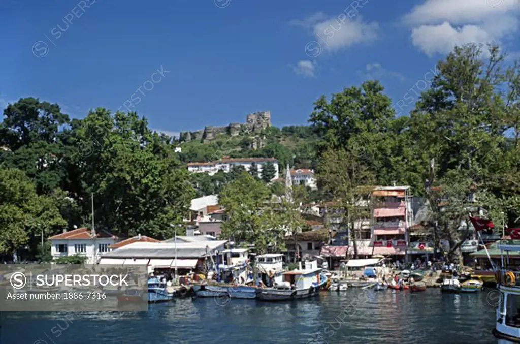 Approaching the village of Anadolu Kavagi with its Genoese Castle at the point where the BOSPHORUS meets the BLACK SEA - Turkey