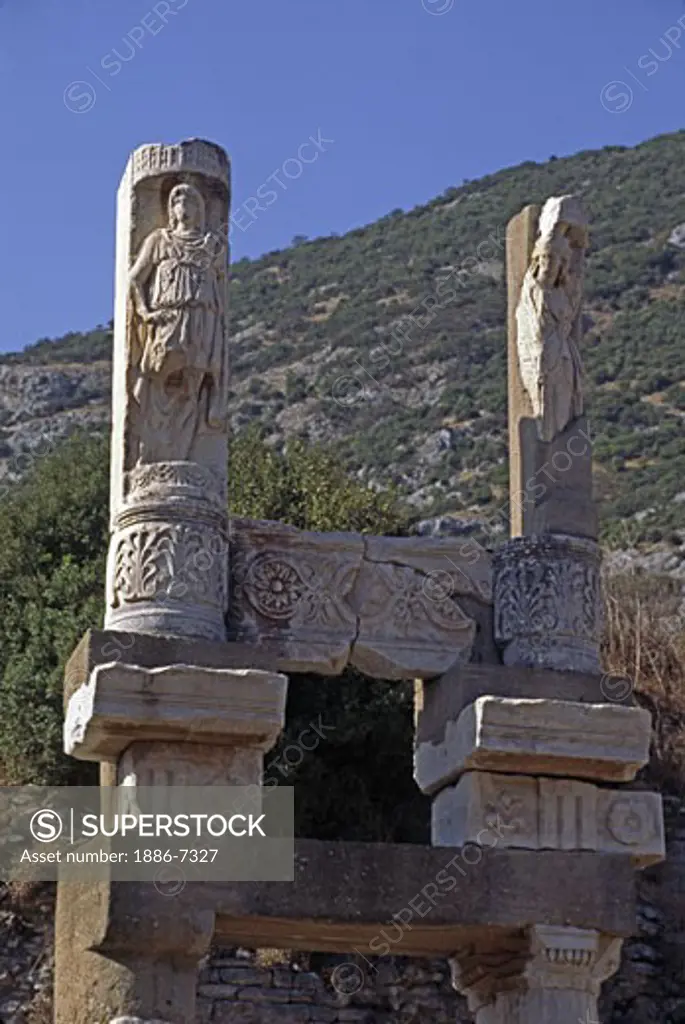 Statues atop the Temple of Domitian at the ruins of EHESUS (One of the world's largest Greek/Roman archeological sights) - TURKEY