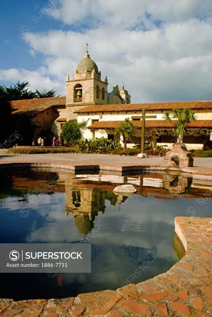 Courtyard FOUNTAIN at the CARMEL MISSION, one of CALIFORNIA'S Catholic Missions founded by Father JUNIPERO SERRA 