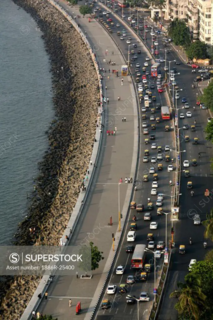 Aerial view of Marine Drive Queen's Necklace ; Bombay Mumbai ; Maharashtra ; India