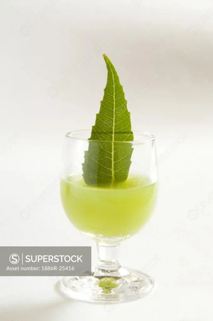 Drink ; Neem or Margosa leaf inside glass of juice Melia Azadirachta wonderful medicine