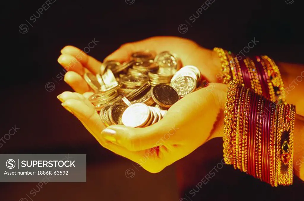 Concept ; hand palm holding coins