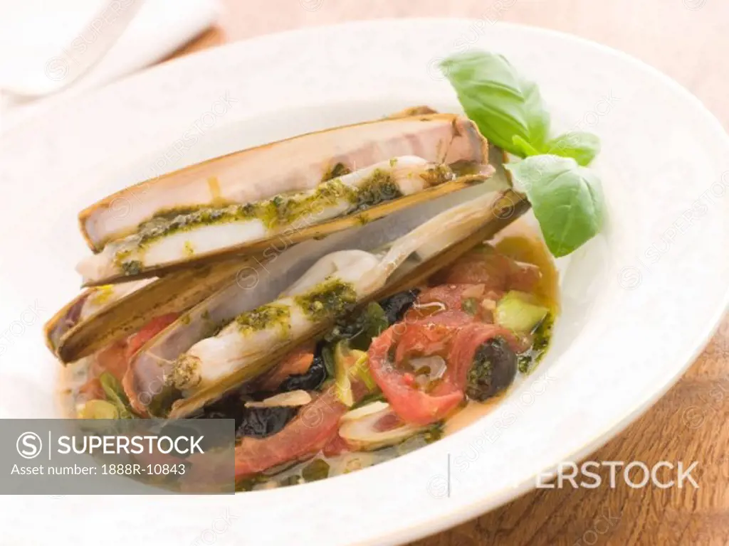 Razor Clams with Stewed Tomatoes Garlic and Olives
