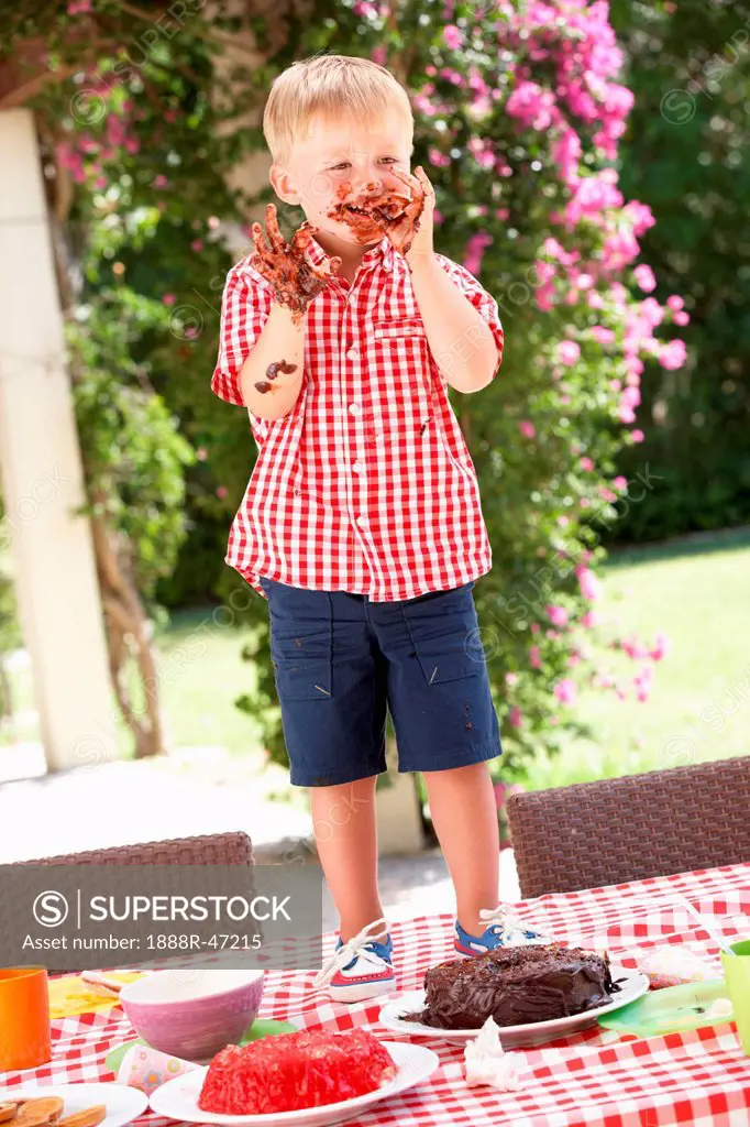 Boy Eating Jelly And Cake At Outdoor Tea Party