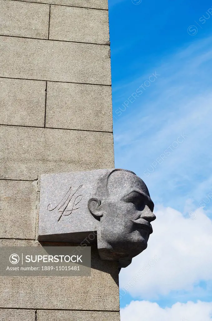 Sculptural bust on side of building; Vilnius, Lithuania
