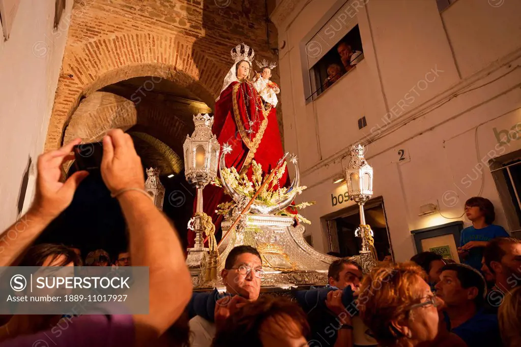 The Virgin from Tarifa going though La Puerta de Jerez; Tarifa, Costa de la Luz, Cadiz, Andalusia, Spain
