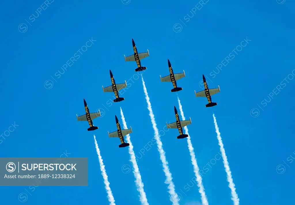 Breitling jet team flying in formation; Locarno, Ticino, Switzerland
