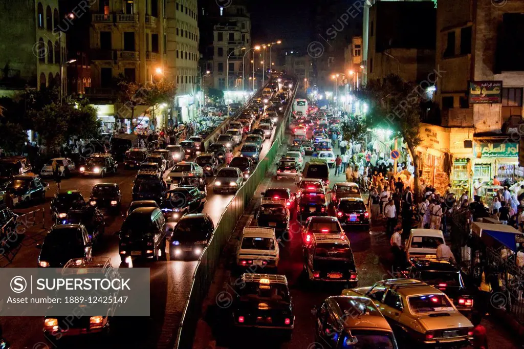 Traffic On Al-Azhar Street At Night, Cairo, Al Qahirah, Egypt